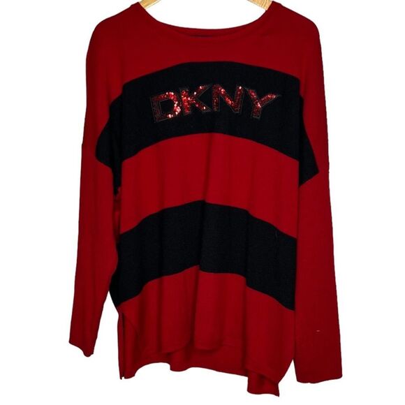 DKNY red & black striped with sequin sweater size XL - Picture 1 of 5